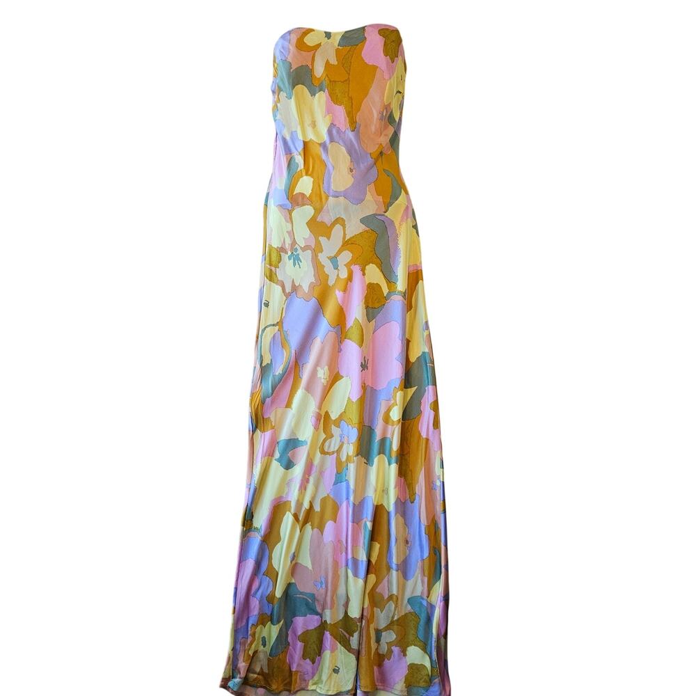 ASTR The Label Yellow Multicolor Floral Strapless Satin Maxi Dress Medium Artsy - Picture 3 of 12